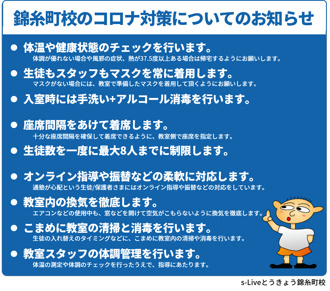 学習塾、コロナ対策 エスライブ、コロナ対策